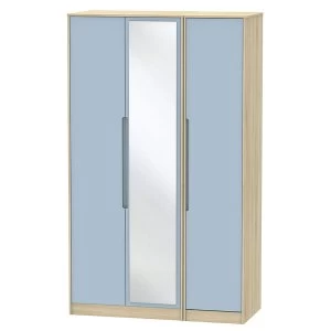 Robert Dyas Barquero Ready Assembled Tall 3-Door Mirrored Wardrobe- Pine/Denim