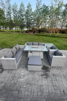 Fimous 8 Seater Outdoor Light Grey Rattan Lounge Complete Sofa Set with Gas Fire Pit and Big Footstool