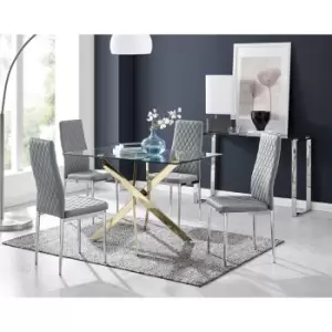 Furniturebox Leonardo 120cm Modern Glass And Gold Metal Leg Dining Table And 4 Elephant Grey Milan Faux Leather Silver Chrome Leg Dining Chairs