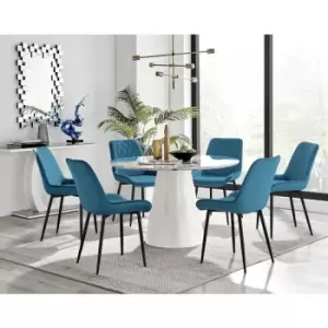 Furniturebox Palma White Marble Effect 120cm Round Minimalist Dining Table & 6 Blue Pesaro Black Leg Velvet Chairs