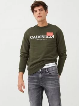 Calvin Klein Reverse Text Logo Sweatshirt - Dark Olive, Dark Olive, Size 2XL, Men