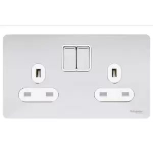 Schneider Electric Ultimate Screwless Flat Plate - Double Switched Power Socket, 13A, GU3420WPC, Polished Chrome with White Insert