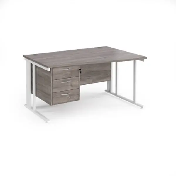 Maestro 25 right hand wave desk 1400mm wide with 3 drawer pedestal - white cable managed leg frame, grey oak top