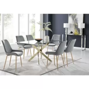 Furniturebox Leonardo 150cm Modern Glass And Gold Metal Dining Leg Table And 6 Elephant Grey Pesaro Velvet Gold Leg Dining Chairs