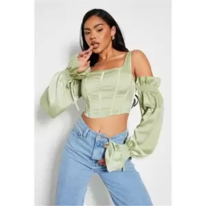 I Saw It First Sage Long Sleeve Cut Out Satin Corset - Green