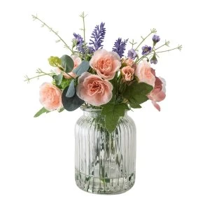 Faux Floral Arrangement in Clear Textured Glass Vase