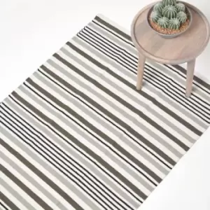 Modern Black Grey Scandinavian Style Striped Cotton Rug, 90 x 150cm - Grey - Homescapes