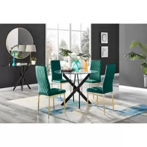 Furniture Box Novara Black Leg Round Glass Dining Table and 4 Green Velvet Milan Gold Leg Chairs