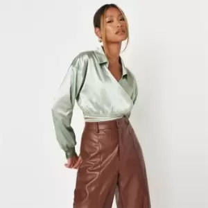 Missguided Wrap Around Satin Shirt - Green