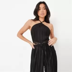 Missguided Coord Halter Neck Lace Trim Plisse Top - Black