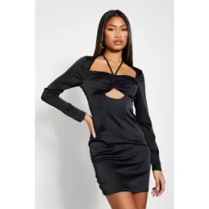 I Saw It First Satin Tie Front Long Sleeve Dress - Black