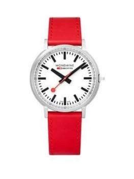 Mondaine Mondaine Swiss Made Stop2Go White Sapphire Dial With Backlight And Stainless Steel Brushed 41Mm Case Dial Red Leather Strap Watch