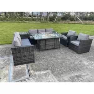 Fimous 8 Seater Outdoor Dark Grey Rattan Lounge Complete Sofa Set with Gas Fire Pit Table and Gas Heater