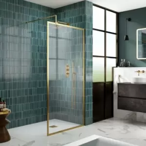 Hudson Reed Full Outer Framed Wetroom Screen 800mm W x 1950mm H with Support Bar 8mm Glass - Brushed Brass
