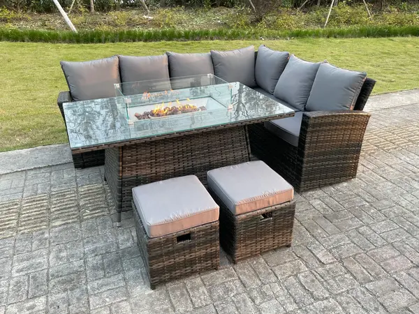 Fimous 8 SeaterDark Grey Rattan Gas Fire Pit Dining Sofa Complete Set with Heater and 2 Stools