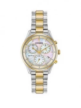 Citizen Eco-Drive Mother Of Pearl And Gold Detail Chronogrpah Dial Two Tone Stainless Steel Bracelet Ladies Watch