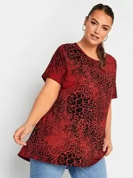 Yours Round Neck Jersey Top Red Print, Red, Size 18, Women