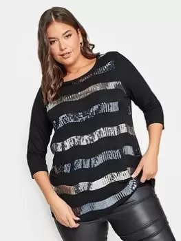 Yours Black Sequin Striped Top, Black, Size 26-28, Women