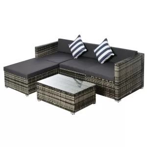 Outsunny 5PC Rattan Furniture Set Garden Sectional Wicker Sofa Glass Tepmpered Tea Table w/ Cushion Pillows