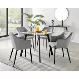 Furniturebox UK - Furniturebox Seattle Glass and Black Metal Leg Square Dining Modern Industrial Dining Table & 4 Grey Calla Black Leg Velvet Chairs