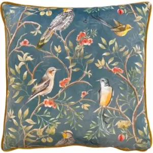 Wylder Tropics Orient Chinoiserie Birds Print Velvet Piped Edge Cushion Cover, Slate Grey, 43 x 43 Cm