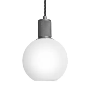 Industville Knurled Opal Glass Globe Pendant Light in White with Pewter Holder / Medium