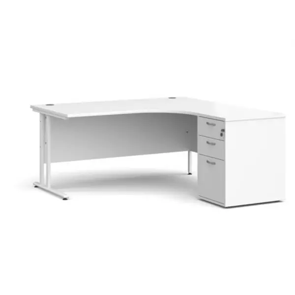 Office Desk Right Hand Corner Desk 1600mm With Pedestal White Top With White Frame Maestro 25