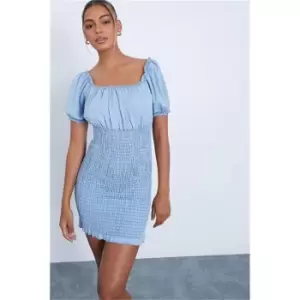 I Saw It First Light Wash Shirred Denim Puff Sleeve Mini Dress - Blue