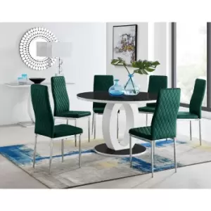 Furniturebox UK - Furniturebox Giovani Black 120cm Round Dining Table and 6 Green Velvet Milan Dining Chairs With Silver Legs