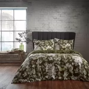 Lavish Floral Printed Piped Cotton Sateen Duvet Cover Set Moss, Moss / Super King