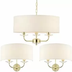 3 Bulb Ceiling Pendant Lamp & 2x Matching Twin Wall Light Modern Brass Plate