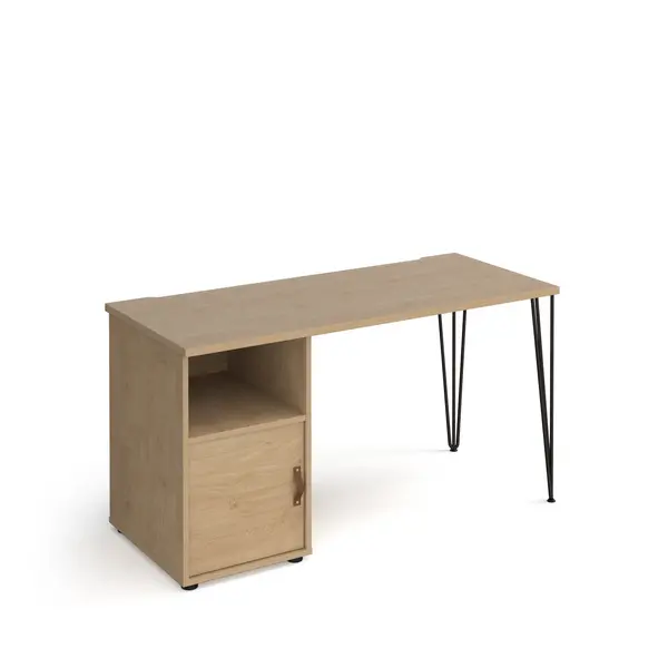 Tikal Straight Oak Desk with Black Hairpin Leg with Oak Cupboard Door - 1400mm x 600mm