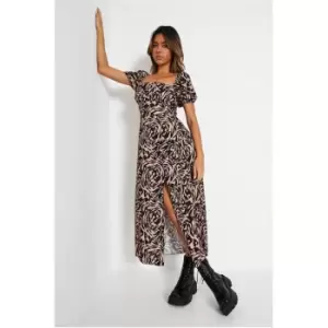 I Saw It First Multi Morphed Print Square Neck Short Puff Sleeve Midi Dress - Brown