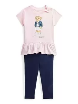 Ralph Lauren Baby Girl Bear Motif Peplum Top And Leggings Set - Pink, Size 3 Months