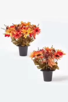 Set of 2 Autumnal Artificial Flowers in Grave Vases