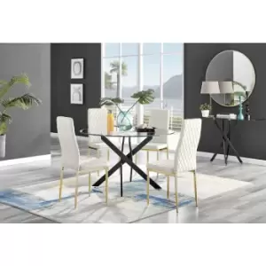 Furniturebox UK - Furniturebox Novara Black Leg 120cm Round Glass Dining Table & 4 Cream Milan Velvet Dining Chairs With Gold Legs Diamond Stitch