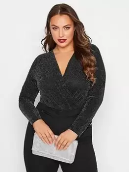 Yours Brillo Wrap Front Bodysuit. Black/silver, Black, Size 24, Women