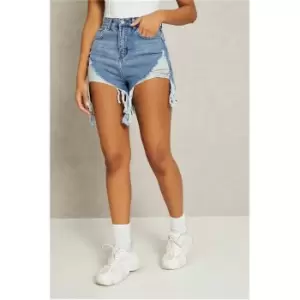 I Saw It First Mid Wash Extreme Distressed Denim Mom Shorts - Blue