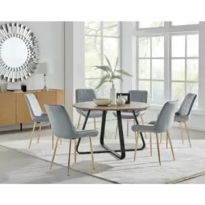 Santorini Brown Round Dining Table And 6 Grey Pesaro Gold Leg Chairs - Elephant Grey