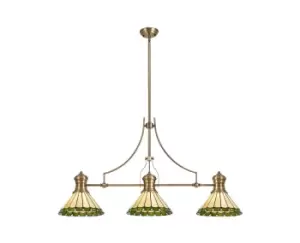 3 Light Telescopic Ceiling Pendant E27 With 30cm Tiffany Shade, Antique Brass, Green, Crystal