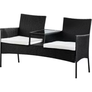 Outdoor Patio Garden Furniture, Rattan Wicker Loveseat Bench with 2 Cushioned Seats and Built-In Centre Glass Table and Shelf, Black - Black