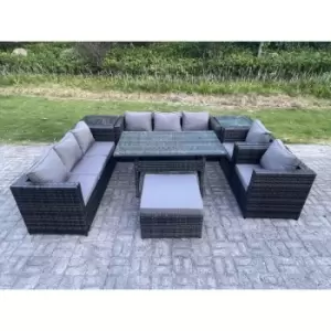 Fimous 8 Seater Outdoor Dark Grey Rattan Lounge Complete Sofa Set with Rectangular Dining Table and Big Footstool