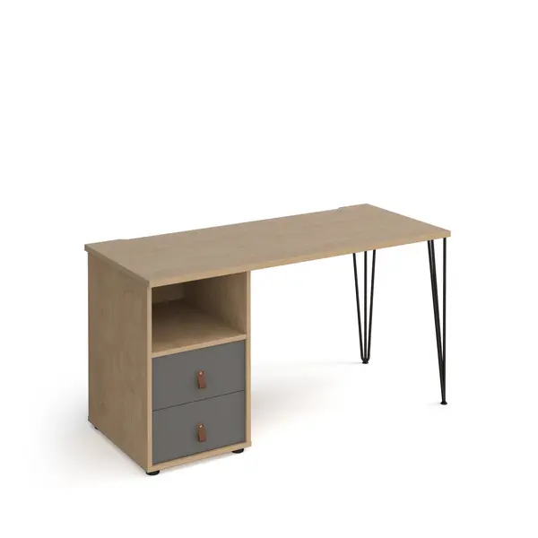 Tikal Straight Oak Desk with Black Hairpin Leg with Grey Drawers - 1400mm x 600mm