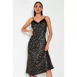 I Saw It First Black Lace Trim Printed Satin Midi Slip Dress - Black