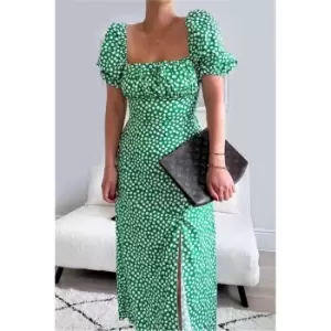 I Saw It First Green Square Print Woven Short Puff Sleeve Midi Dress - Green