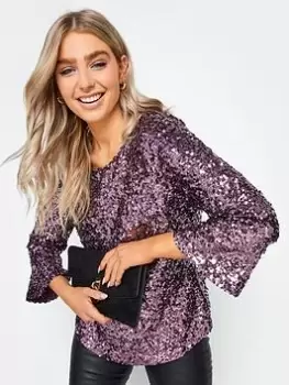 M&Co Sequin Flute Sleeve Top, Purple, Size 10, Women