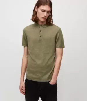 AllSaints Mens Mode Merino Short Sleeve Polo Shirt, Moss Green Marl, Size: S