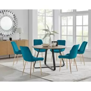 Furniture Box Santorini Brown Round Dining Table and 6 Blue Pesaro Gold Leg Chairs