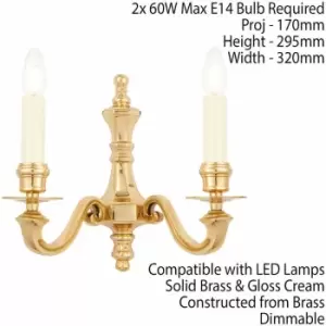 Loops - Luxury Traditional Twin Wall Light Solid Brass & Gloss Cream Classic Candelabra