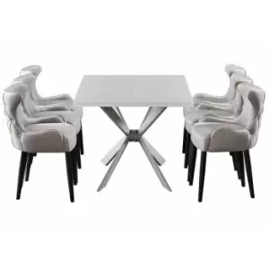 Life Interiors - 7 Pieces Oxford Duke Dining Set - a White Rectangular Dining Table and Set of 6 Light Grey Dining Chairs - Light Grey